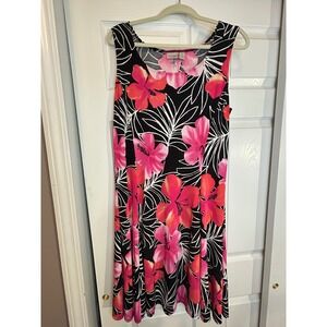 Easywear by Chicos Pink Orange Hibiscus Floral Knit Sleeveless Dress Size 2 L